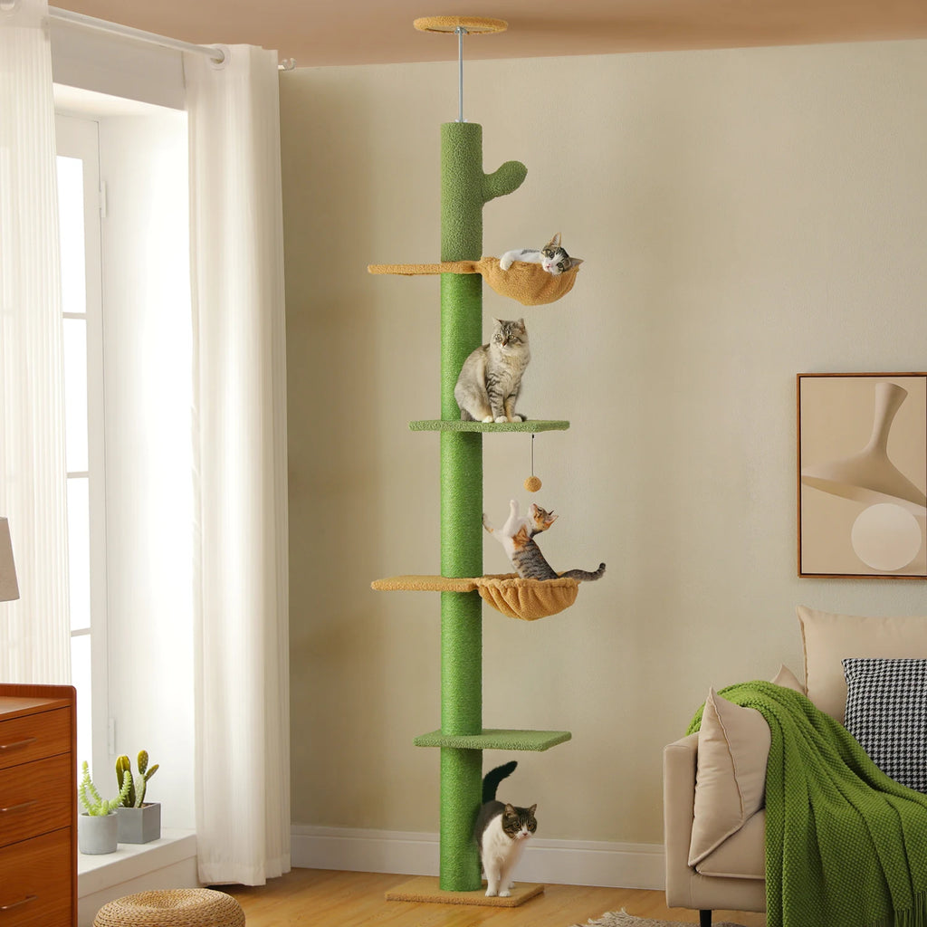 Cactus Cat Tree Tower — Floor-to-Ceiling with Sisal Scratching Post & Hammock