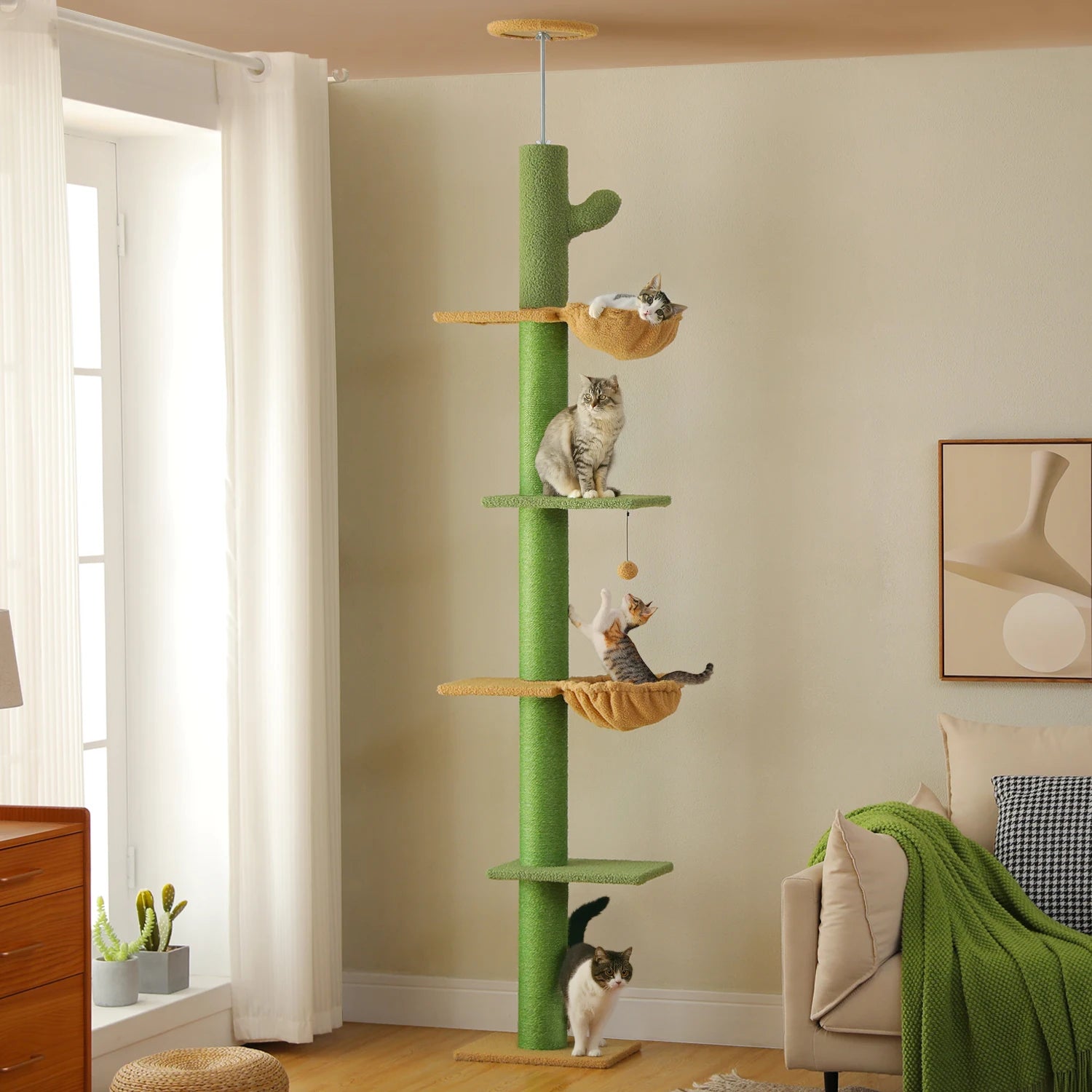 Cactus Cat Tree Tower — Floor-to-Ceiling with Sisal Scratching Post & Hammock