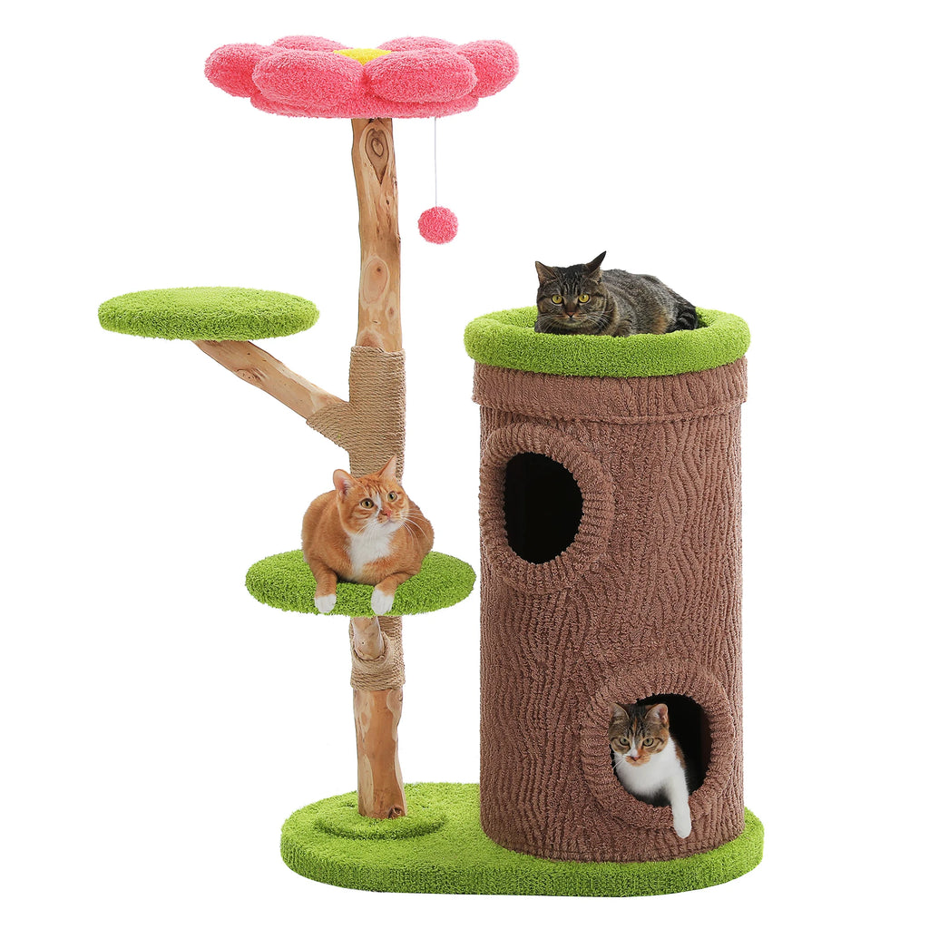 Tall Cat Tower with 4 Spacious Condos, Thick Sisal Post & Flower Top Bed