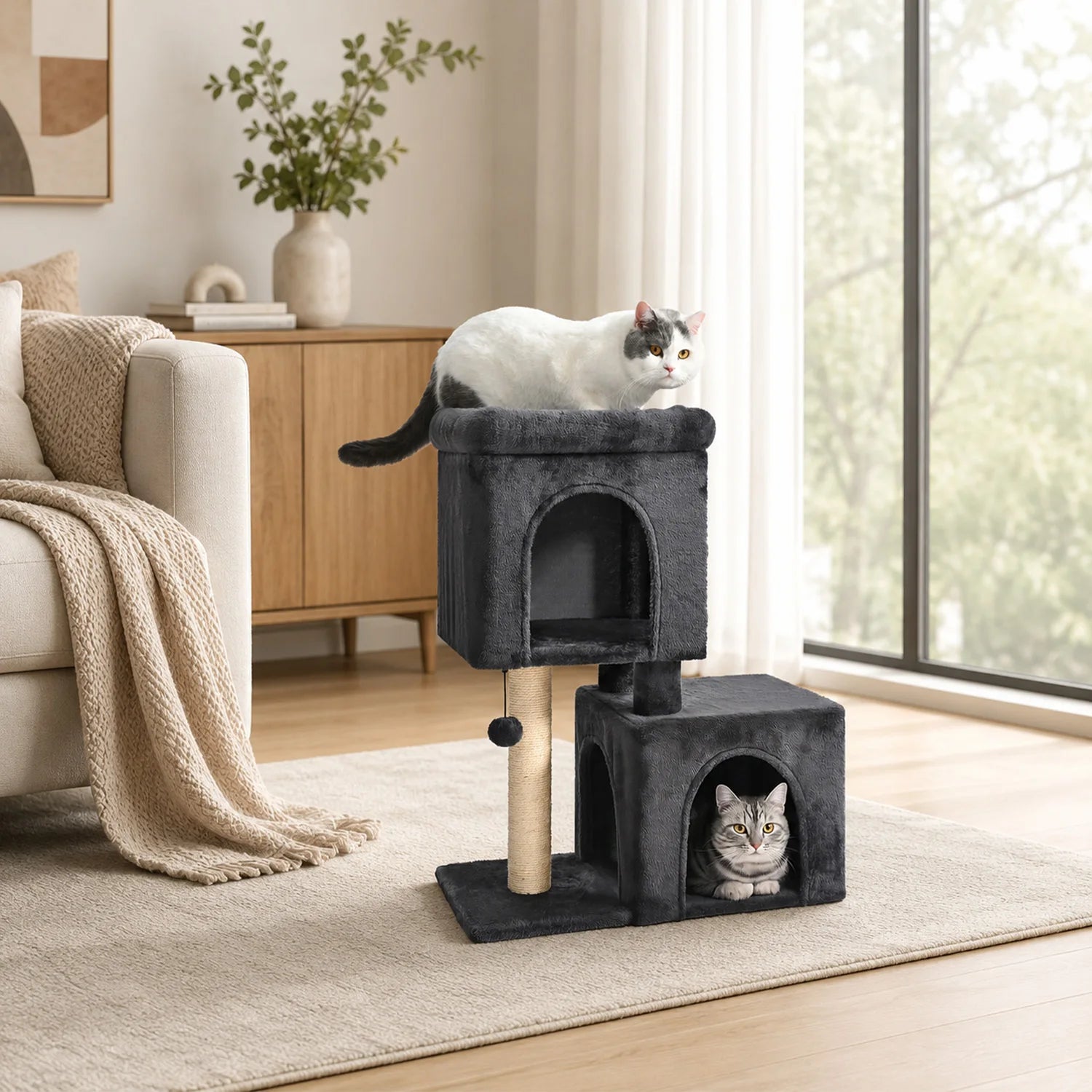 30-Inch Cat Tower with 2 Condos, Sisal Post, Top Perch & Hanging Pompom