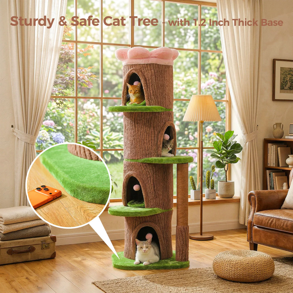 Tall Cat Tower with 4 Spacious Condos, Thick Sisal Post & Flower Top Bed