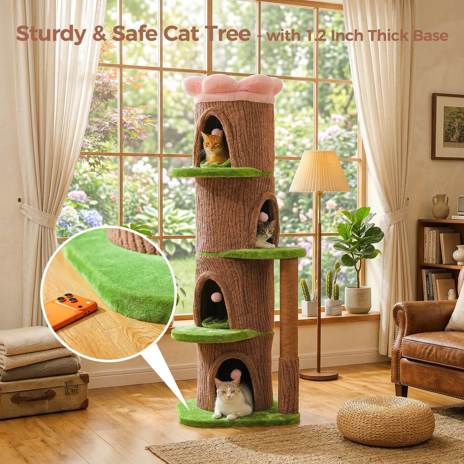 Tall Cat Tower with 4 Spacious Condos, Thick Sisal Post & Flower Top Bed