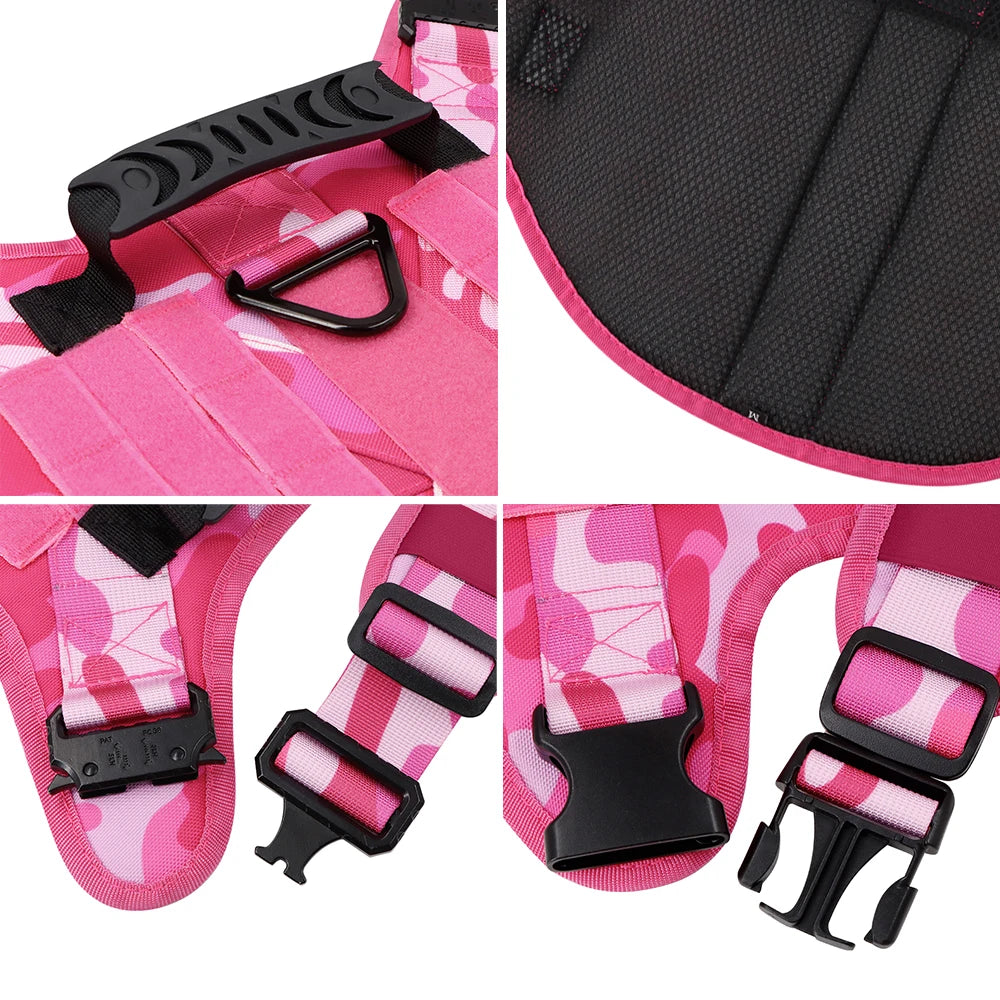Military Tactical Dog Harness — Pink Camouflage Training Vest for Large & Medium Dogs