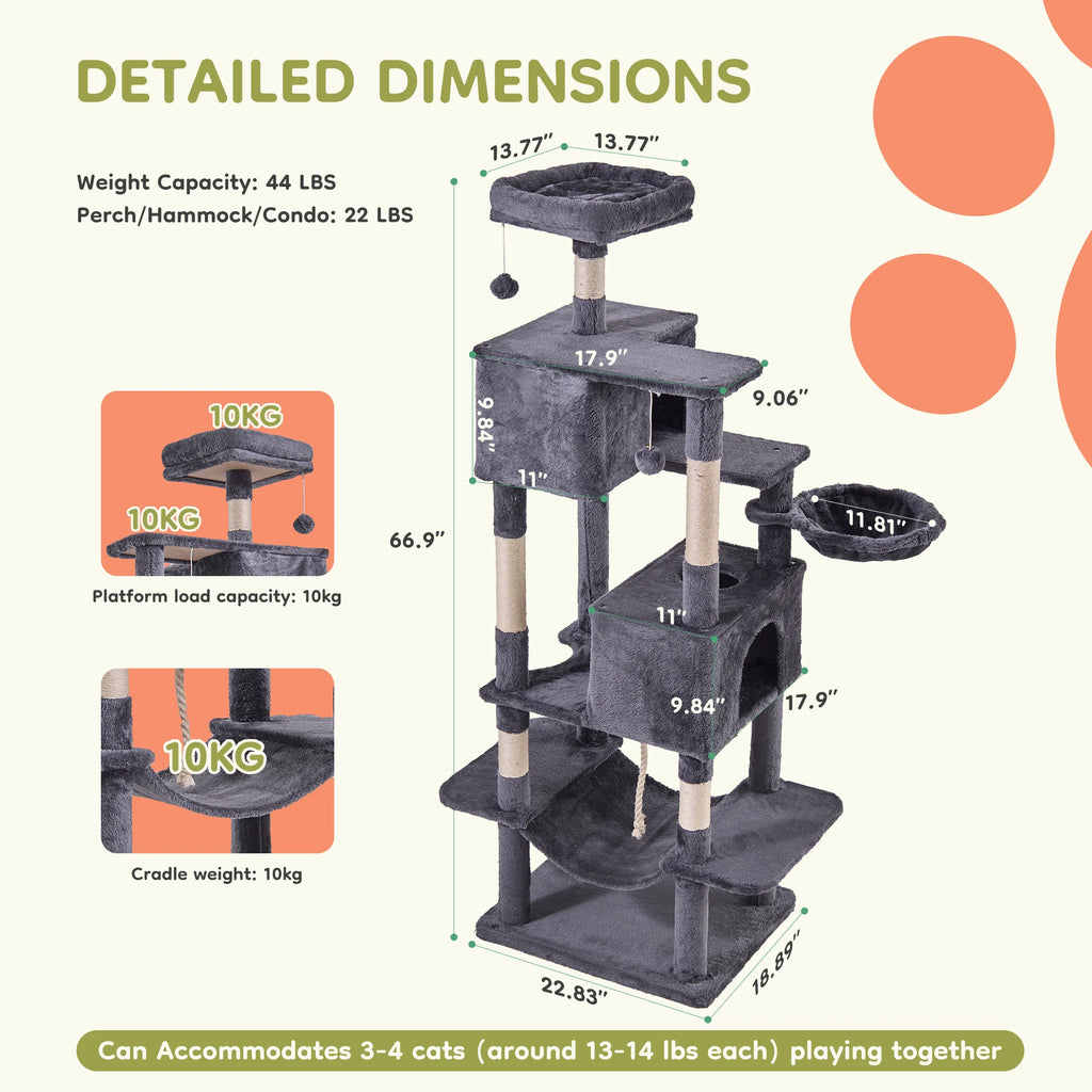 66-Inch Large Multi-Level Cat Climbing Tower with Condo & Sisal Scratching Posts
