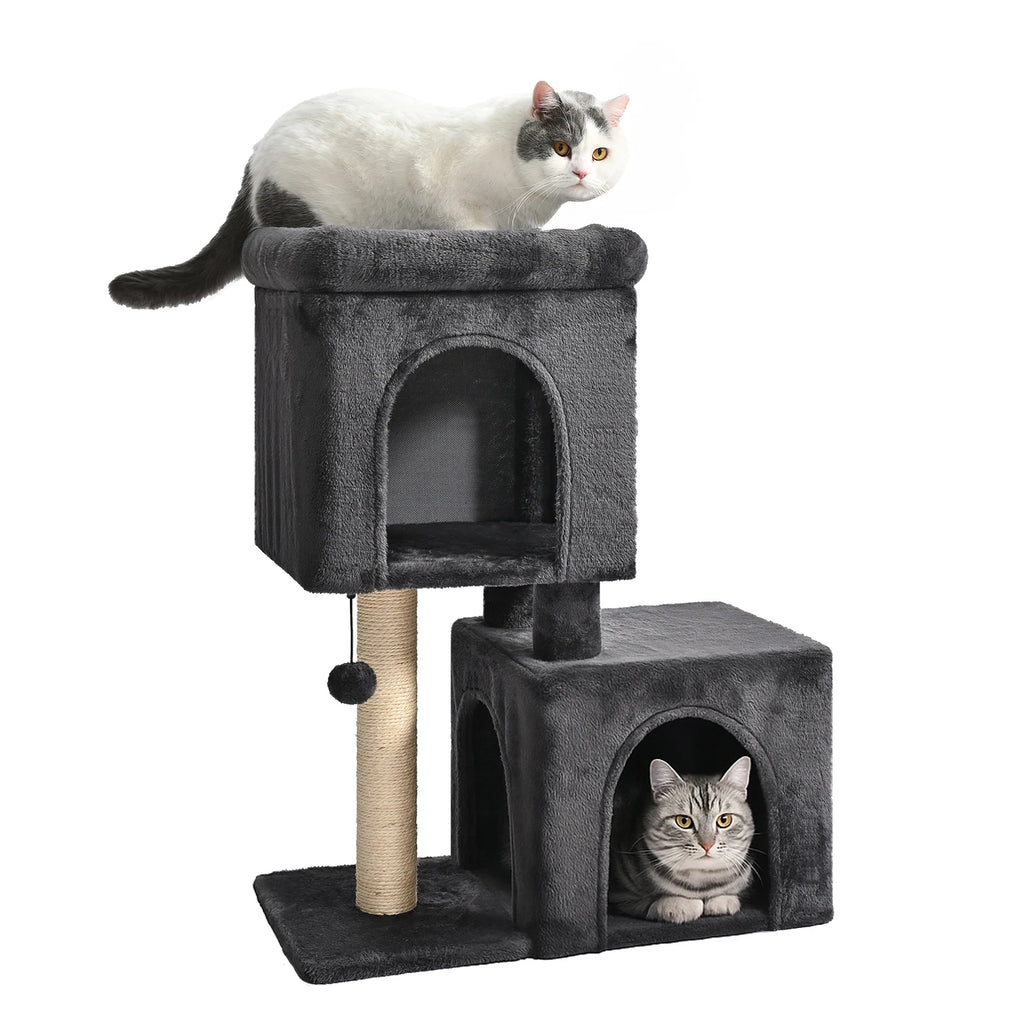 30-Inch Cat Tower with 2 Condos, Sisal Post, Top Perch & Hanging Pompom