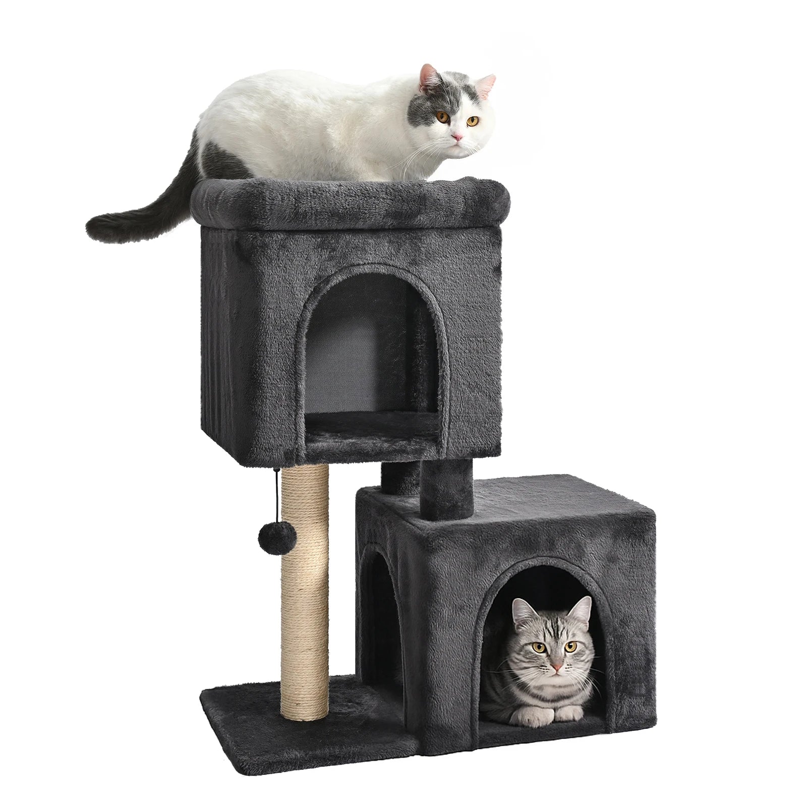 30-Inch Cat Tower with 2 Condos, Sisal Post, Top Perch & Hanging Pompom