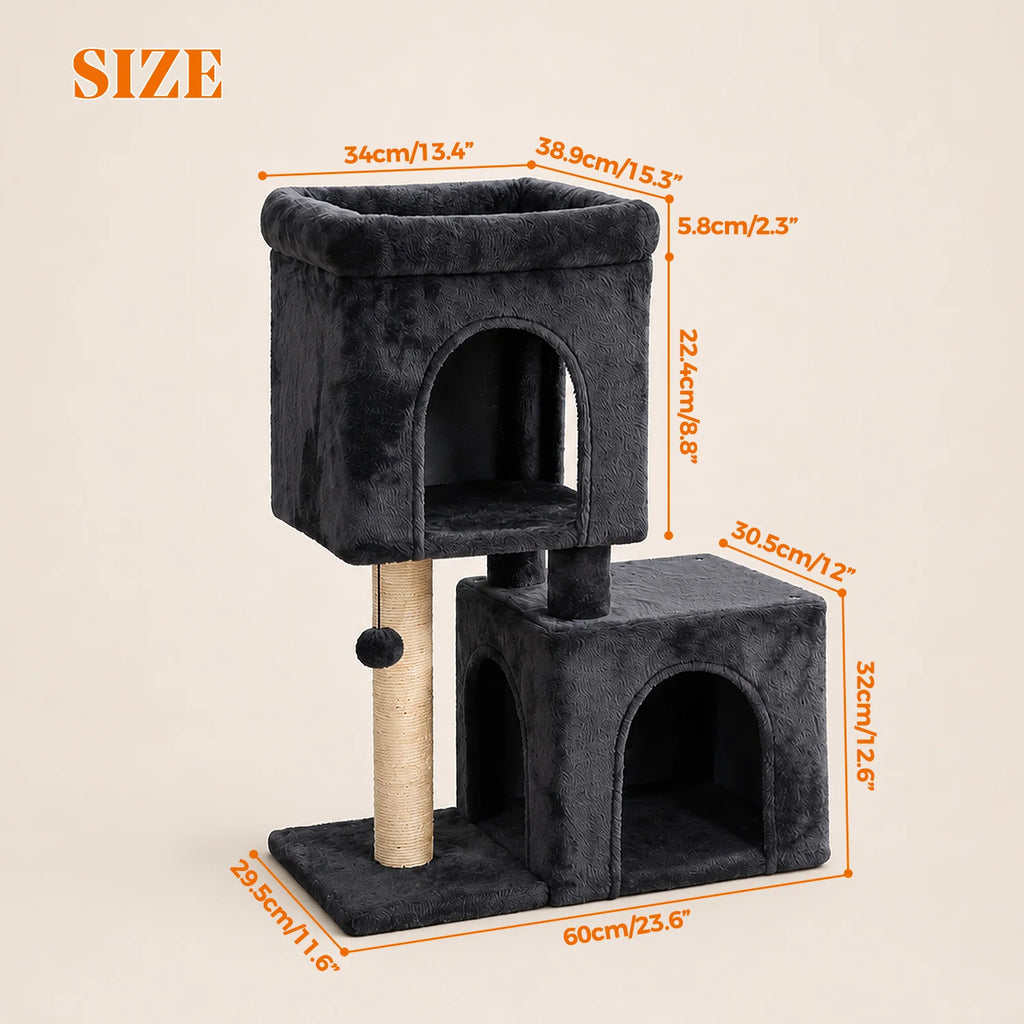 30-Inch Cat Tower with 2 Condos, Sisal Post, Top Perch & Hanging Pompom