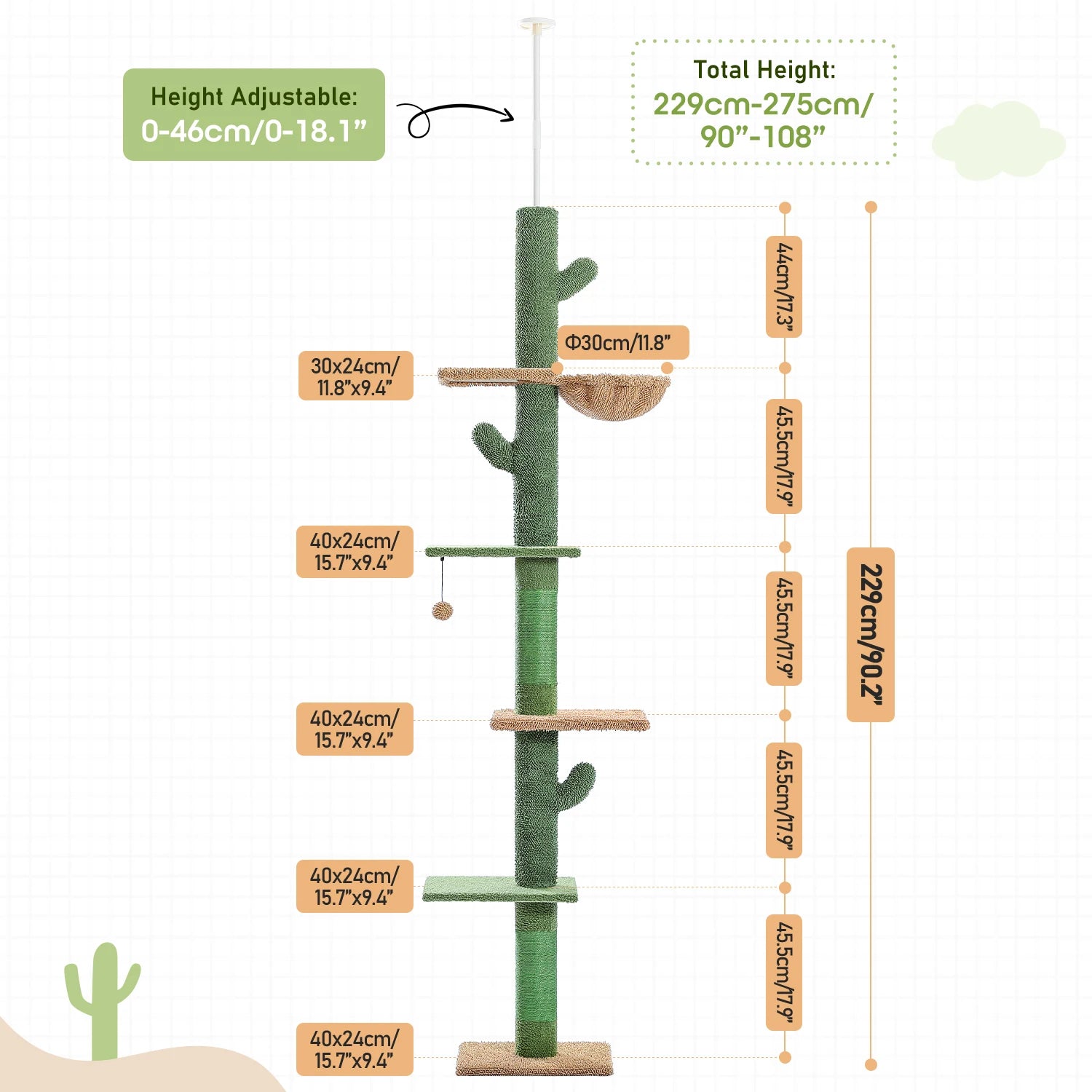 Cactus Cat Tree Tower — Floor-to-Ceiling with Sisal Scratching Post & Hammock