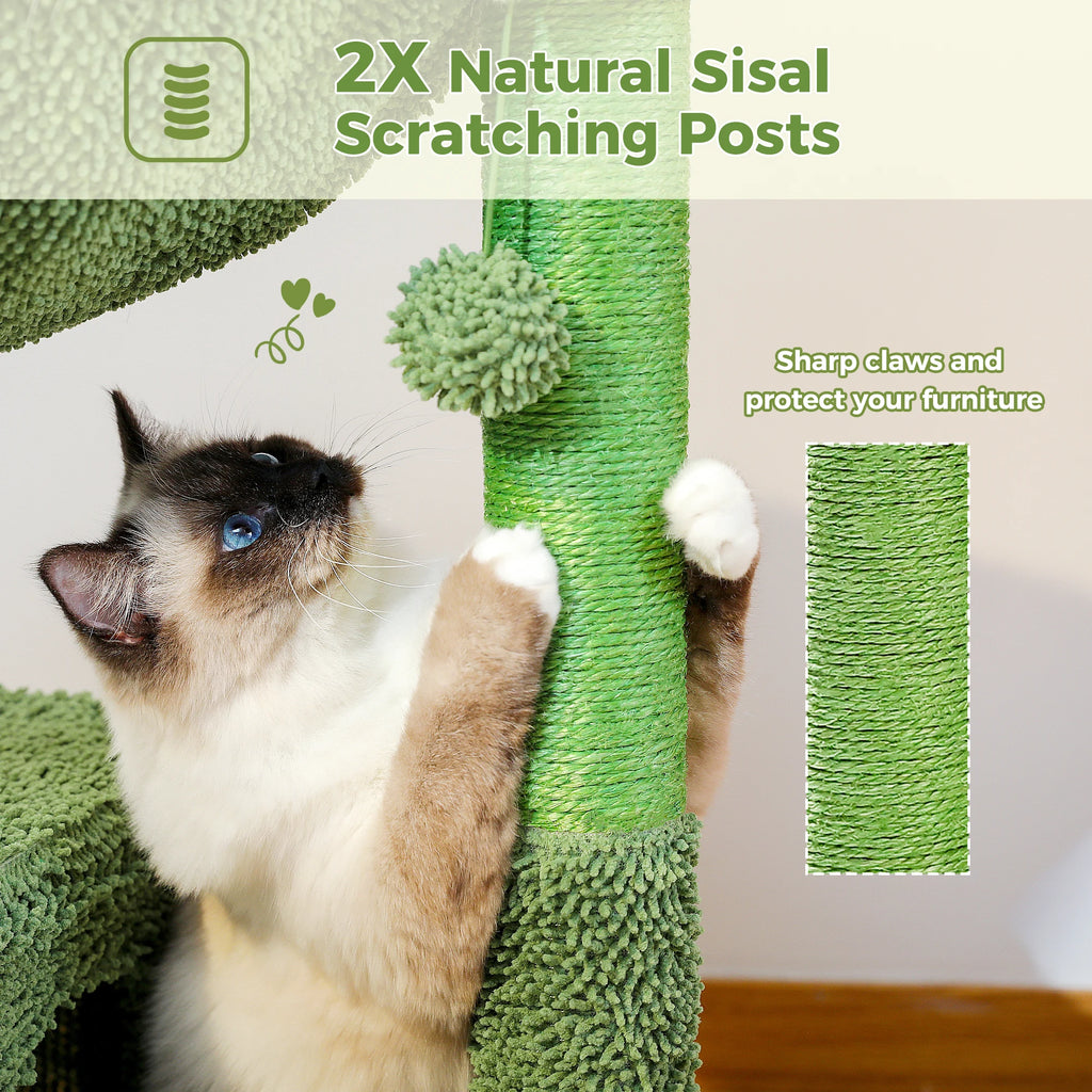 Cactus Cat Tree with Condo, Hammock, Dangling Ball & Sisal Scratching Post