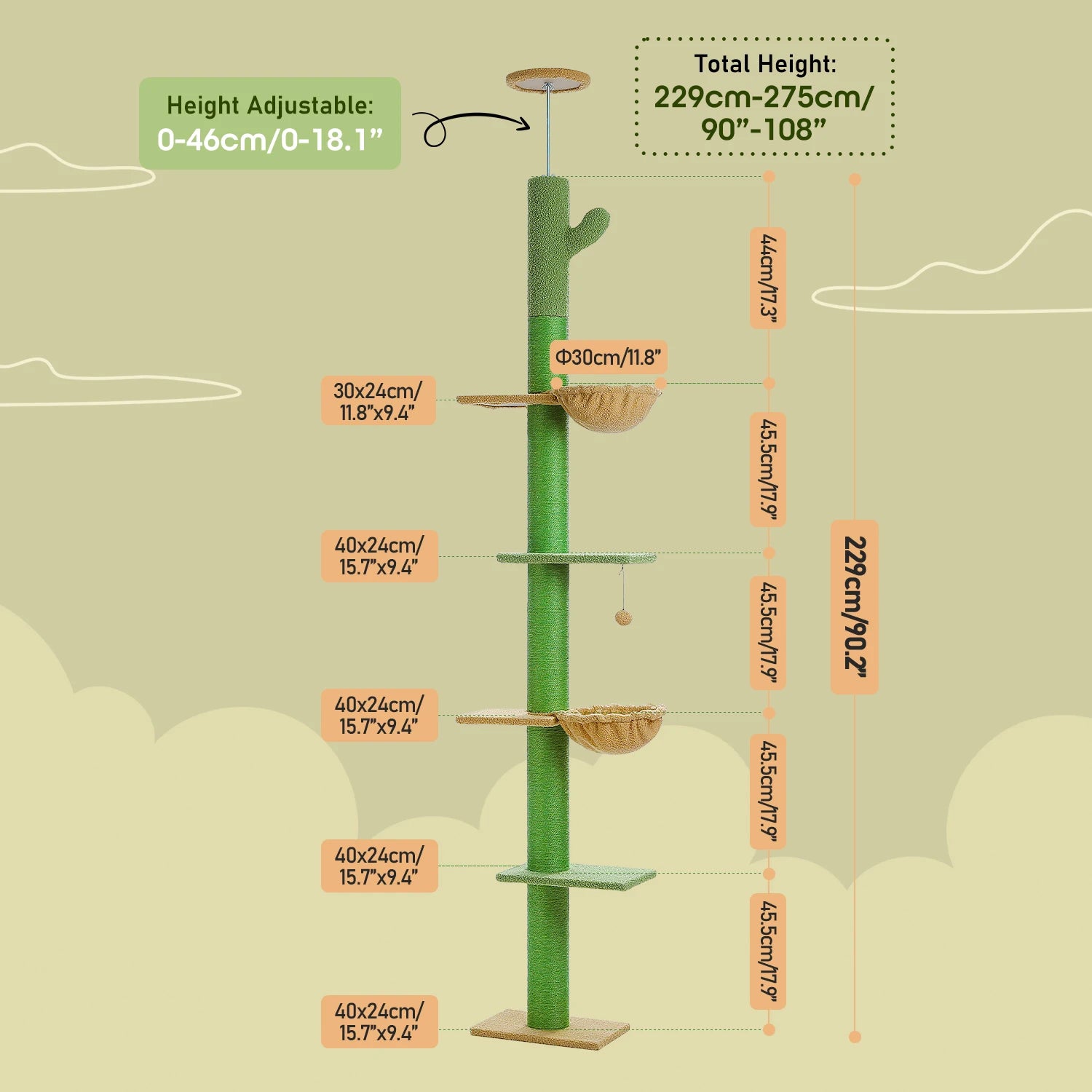 Cactus Cat Tree Tower — Floor-to-Ceiling with Sisal Scratching Post & Hammock