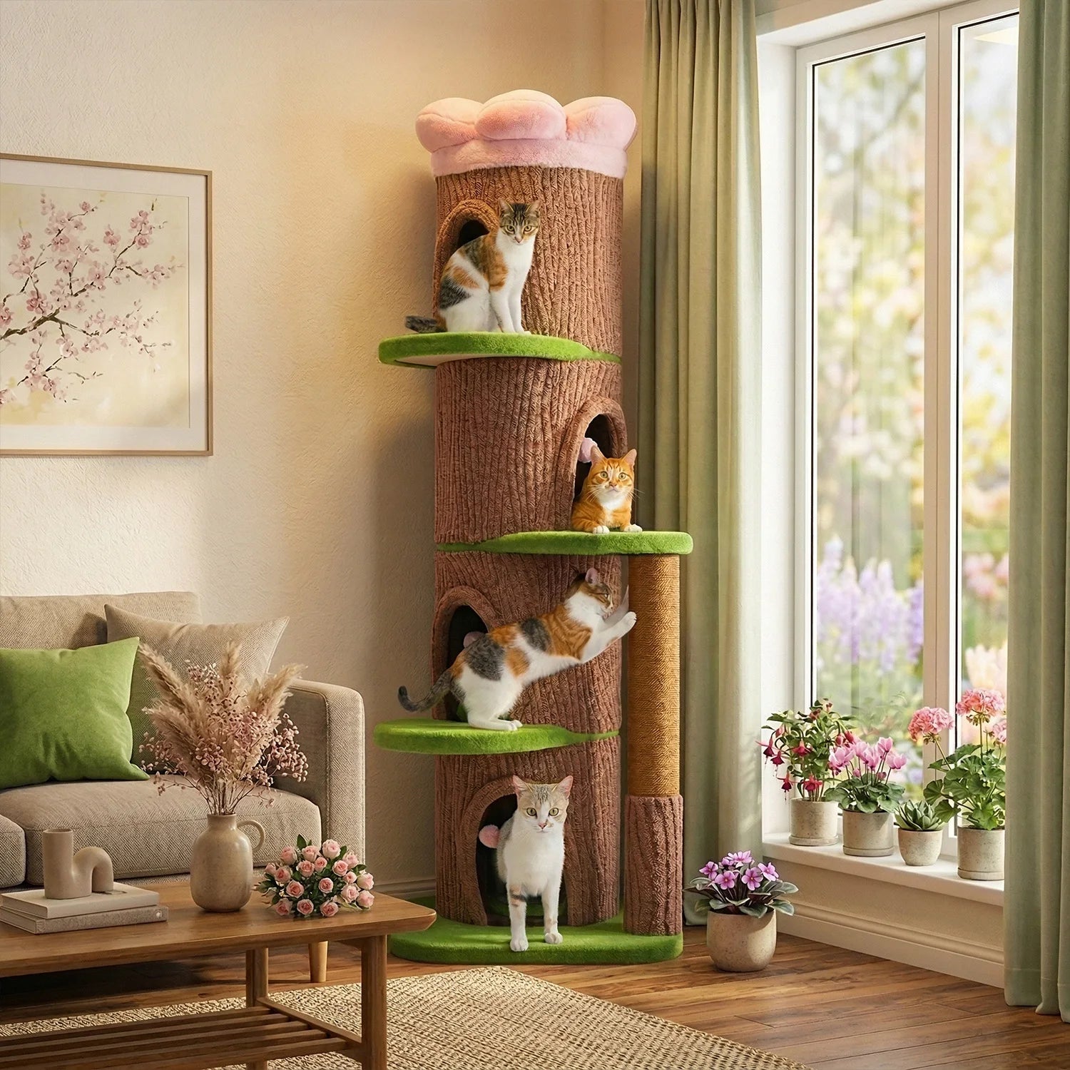 Tall Cat Tower with 4 Spacious Condos, Thick Sisal Post & Flower Top Bed
