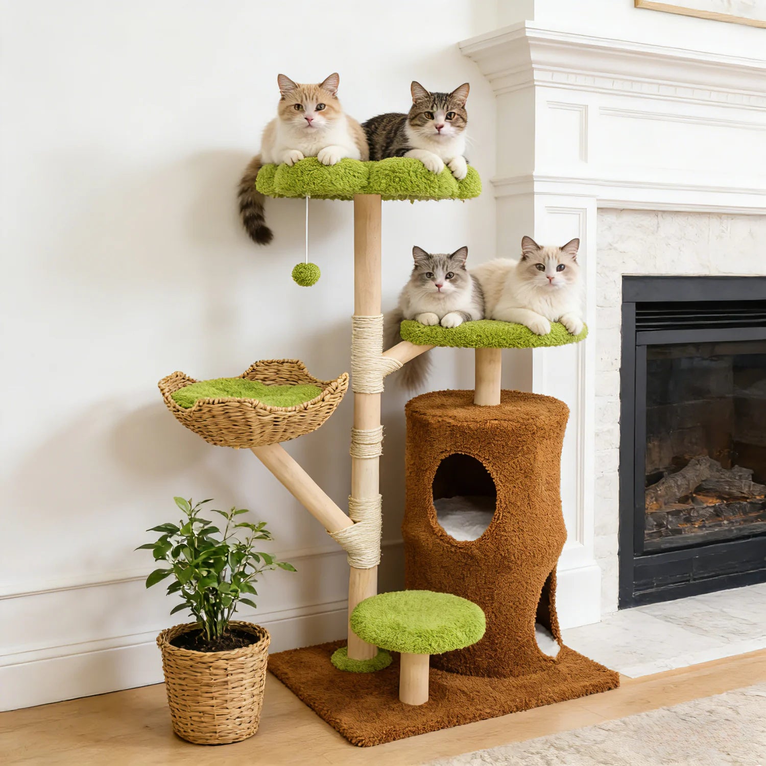 136cm Tall Cat Tree Activity Tower with Wicker Basket & Scratching Posts