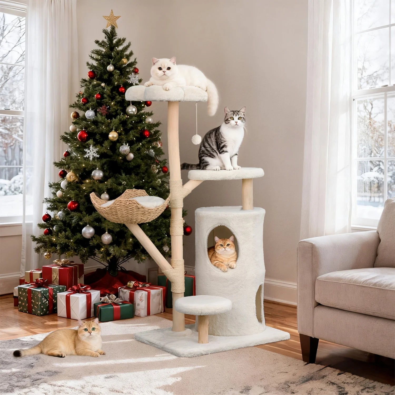 136cm Tall Cat Tree Activity Tower with Wicker Basket & Scratching Posts