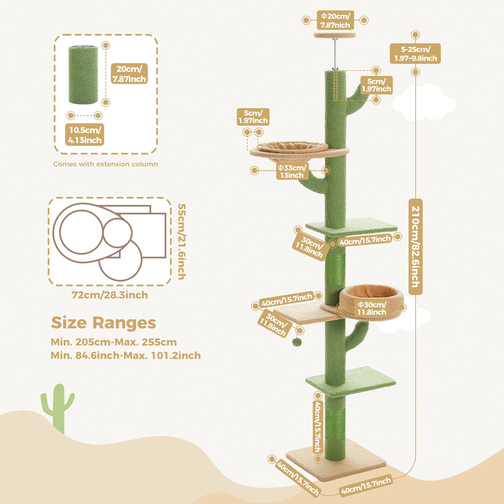 Cactus Cat Tree Tower — Floor-to-Ceiling with Sisal Scratching Post & Hammock