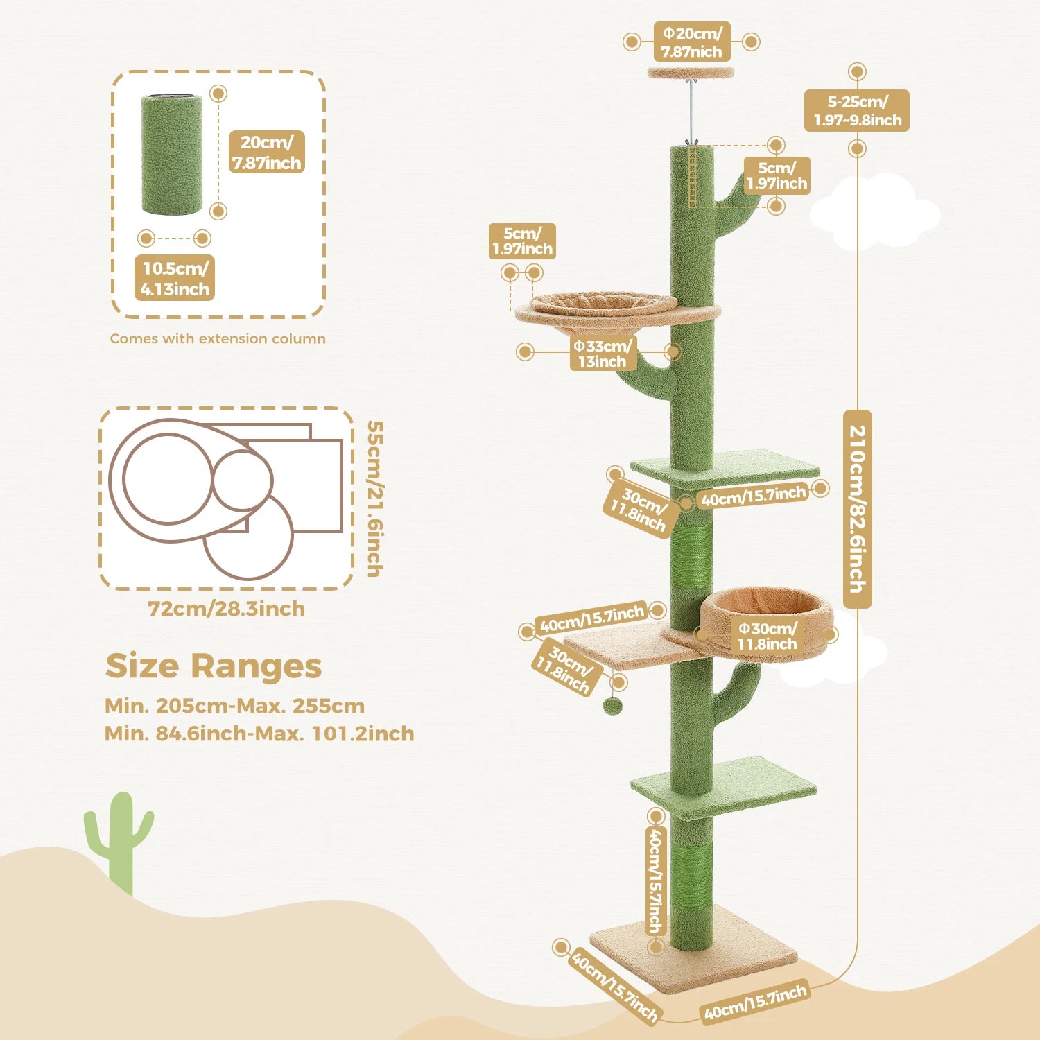 Cactus Cat Tree Tower — Floor-to-Ceiling with Sisal Scratching Post & Hammock