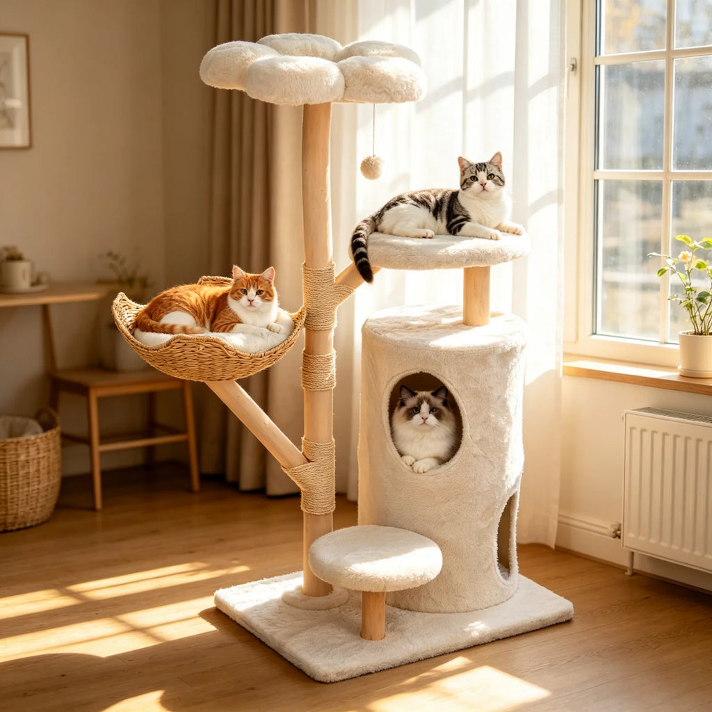 136cm Tall Cat Tree Activity Tower with Wicker Basket & Scratching Posts