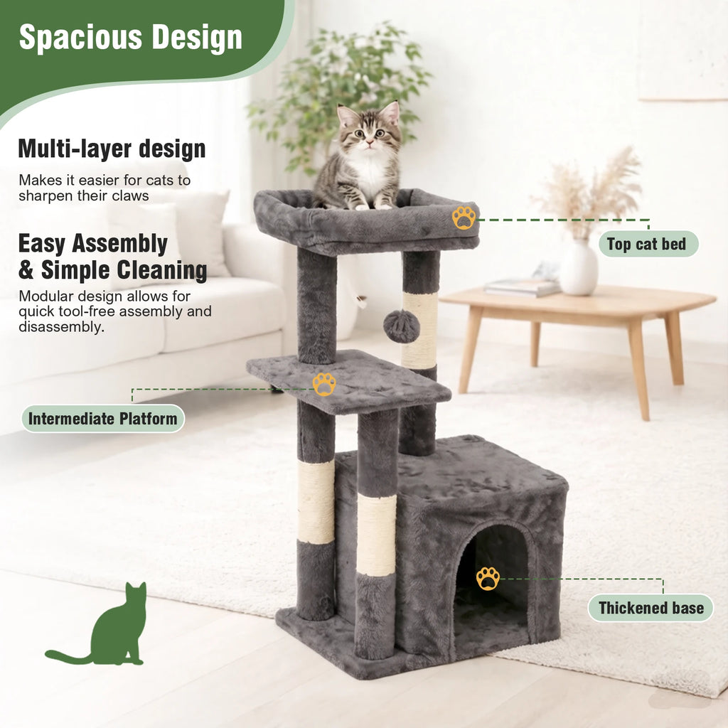 31-Inch Cat Tower with Scratching Posts, Jumping Platform & 2 Hanging Ball Toys