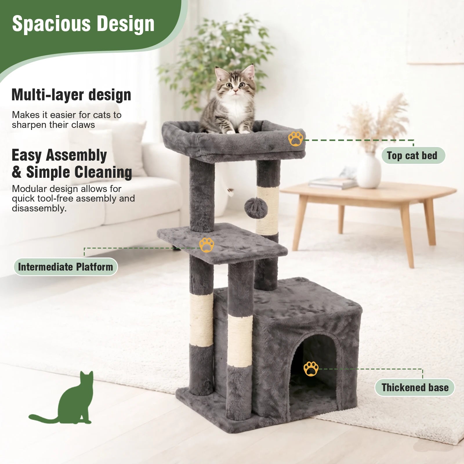 31-Inch Cat Tower with Scratching Posts, Jumping Platform & 2 Hanging Ball Toys