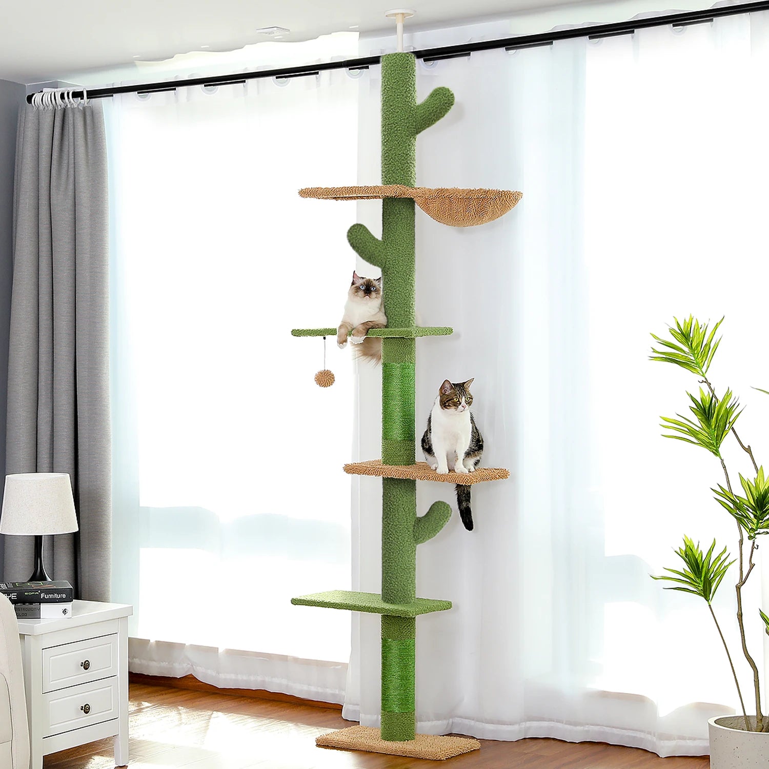 Cactus Cat Tree Tower — Floor-to-Ceiling with Sisal Scratching Post & Hammock