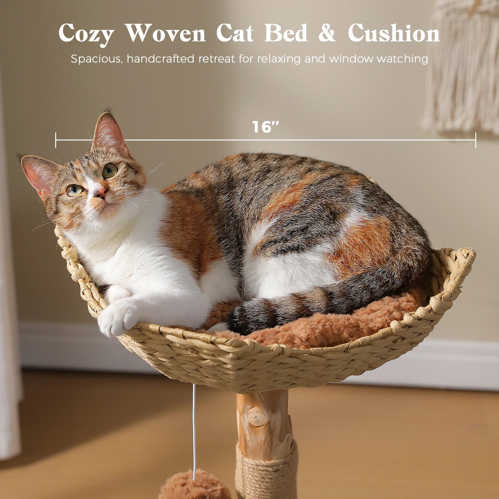 Luxury Boho Cat Tree with Wicker Basket, Real Wood Branches & Sisal Posts