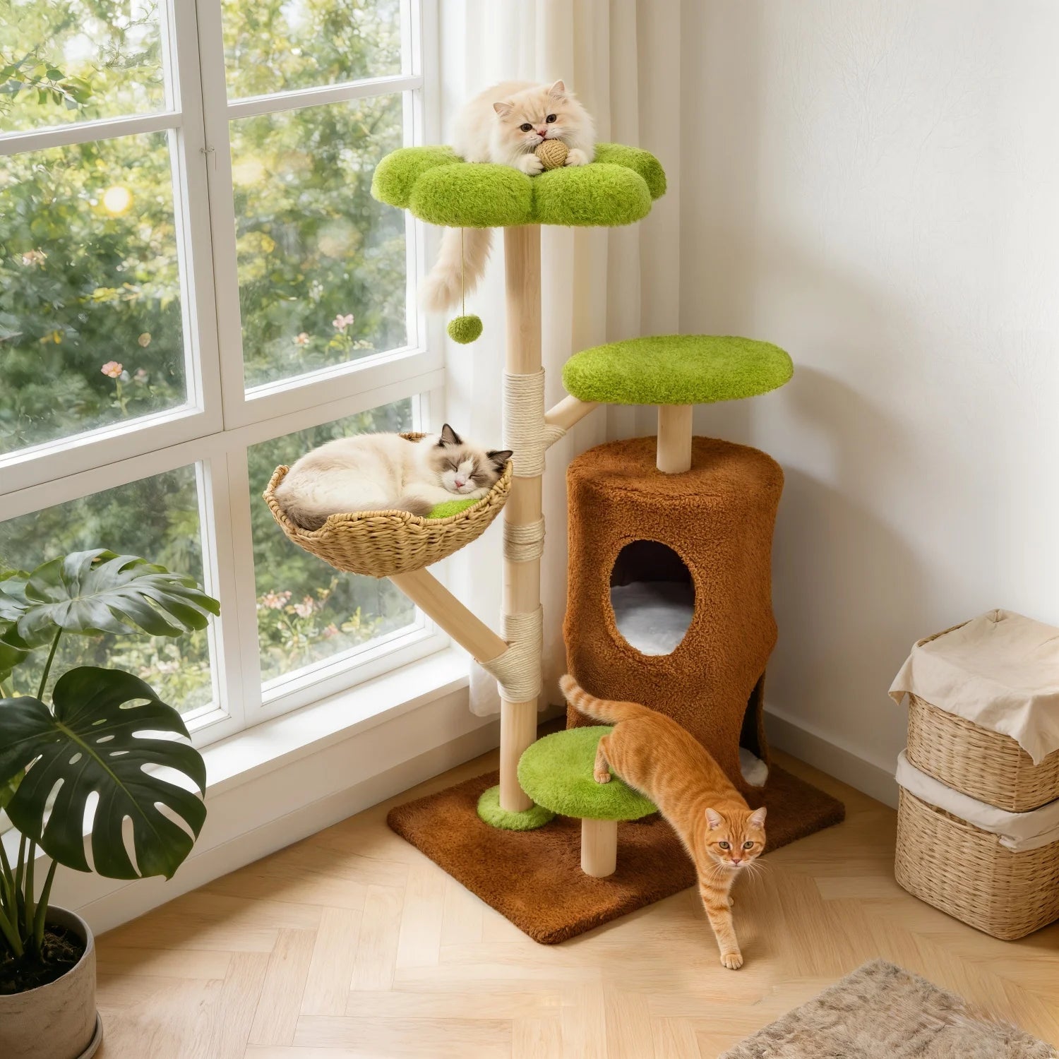 136cm Tall Cat Tree Activity Tower with Wicker Basket & Scratching Posts