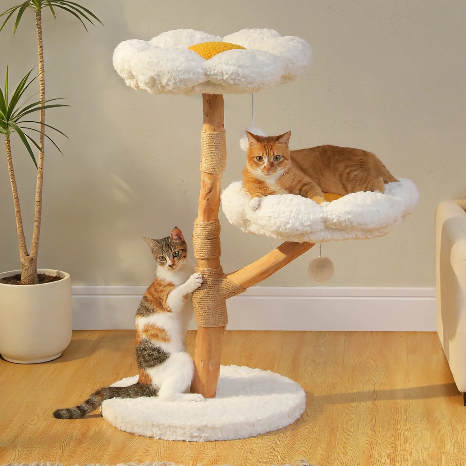 Luxury Boho Cat Tree with Wicker Basket, Real Wood Branches & Sisal Posts