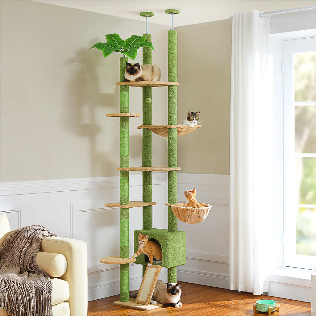 Cactus Cat Tree Tower — Floor-to-Ceiling with Sisal Scratching Post & Hammock