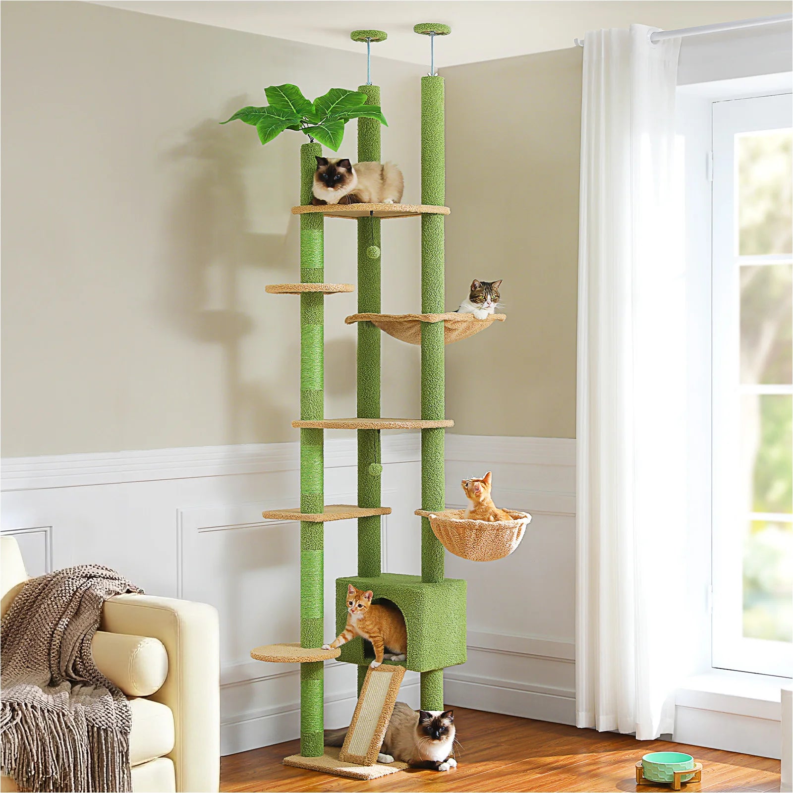 Cactus Cat Tree Tower — Floor-to-Ceiling with Sisal Scratching Post & Hammock