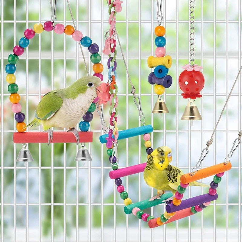 Bird Cage Toys for Parrots Wood Birds Swing Reliable Chewable Bite Bridge Wooden Beads Shape Parrot Toy 11pcs Bird Toys parrot