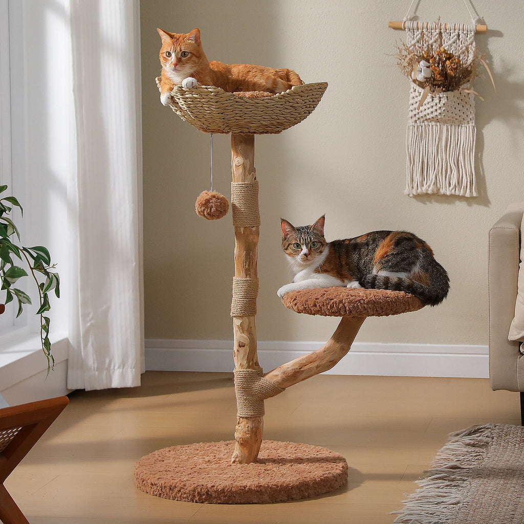 Luxury Boho Cat Tree with Wicker Basket, Real Wood Branches & Sisal Posts