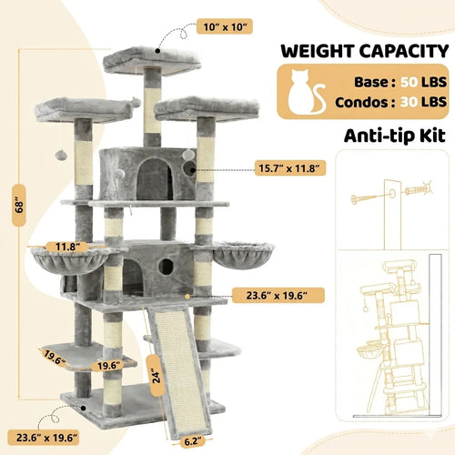173cm Multi-Level Cat Tree Tower — 2 Condos, 3 Perches & Scratching Post