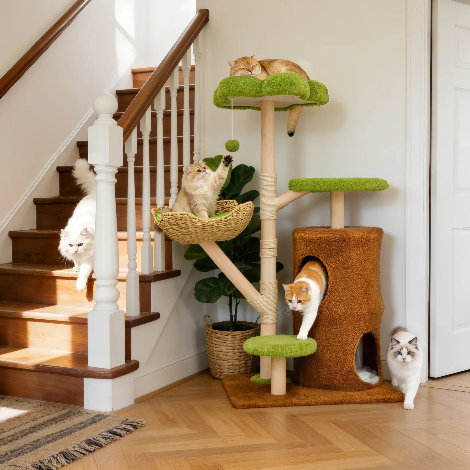 136cm Tall Cat Tree Activity Tower with Wicker Basket & Scratching Posts