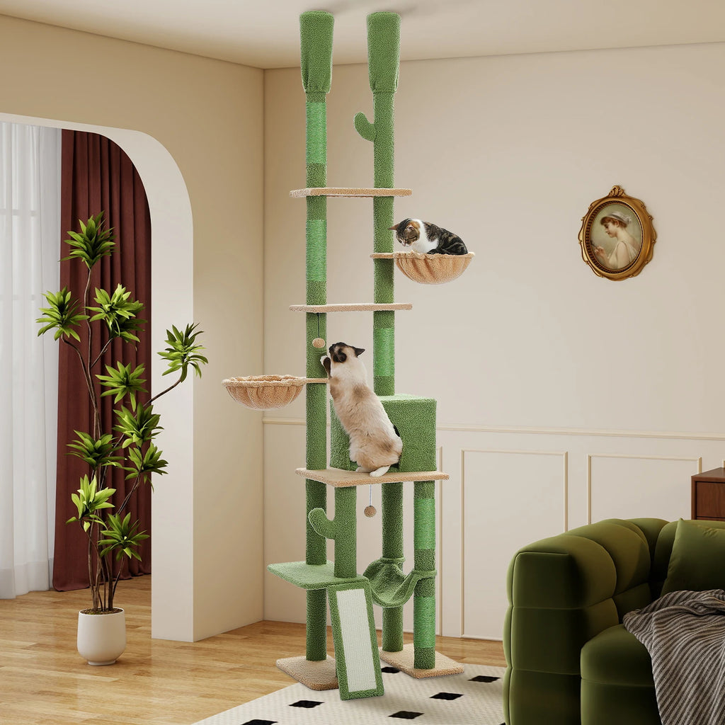 Cactus Cat Tree Tower — Floor-to-Ceiling with Sisal Scratching Post & Hammock