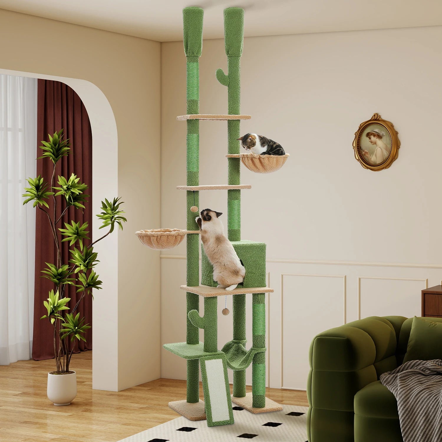 Cactus Cat Tree Tower — Floor-to-Ceiling with Sisal Scratching Post & Hammock