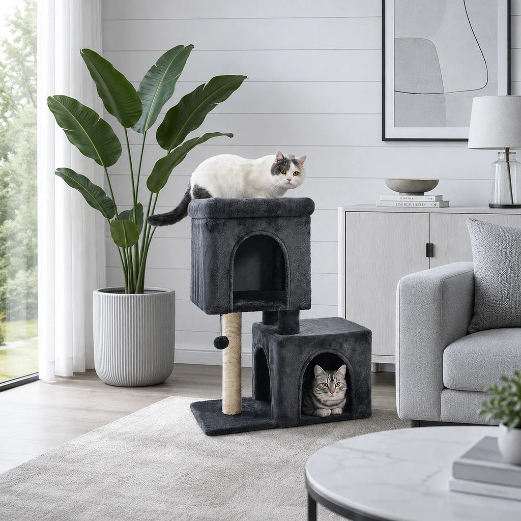30-Inch Cat Tower with 2 Condos, Sisal Post, Top Perch & Hanging Pompom