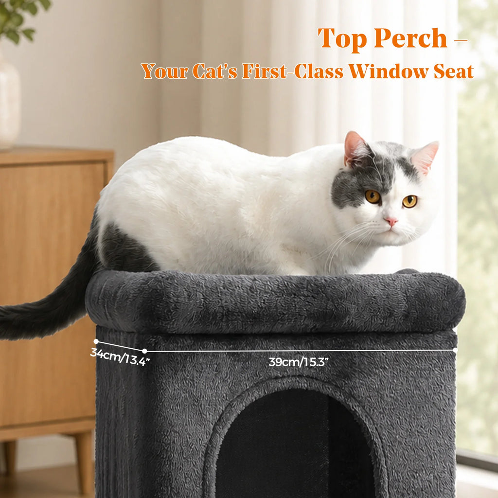 30-Inch Cat Tower with 2 Condos, Sisal Post, Top Perch & Hanging Pompom