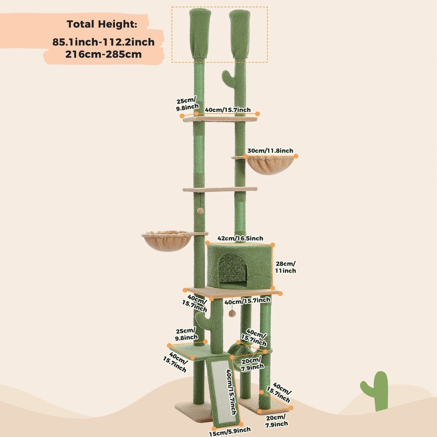 Cactus Cat Tree Tower — Floor-to-Ceiling with Sisal Scratching Post & Hammock