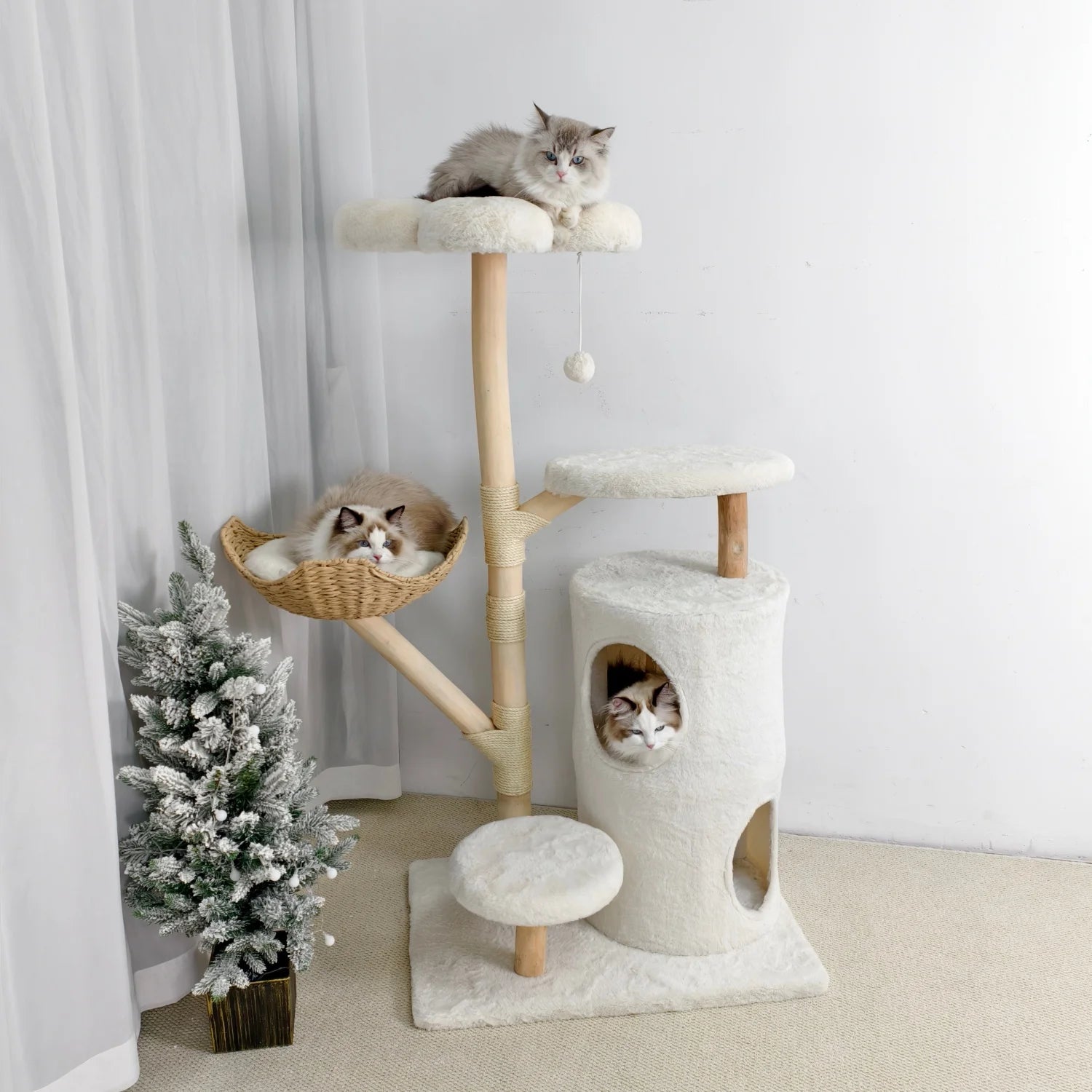 136cm Tall Cat Tree Activity Tower with Wicker Basket & Scratching Posts