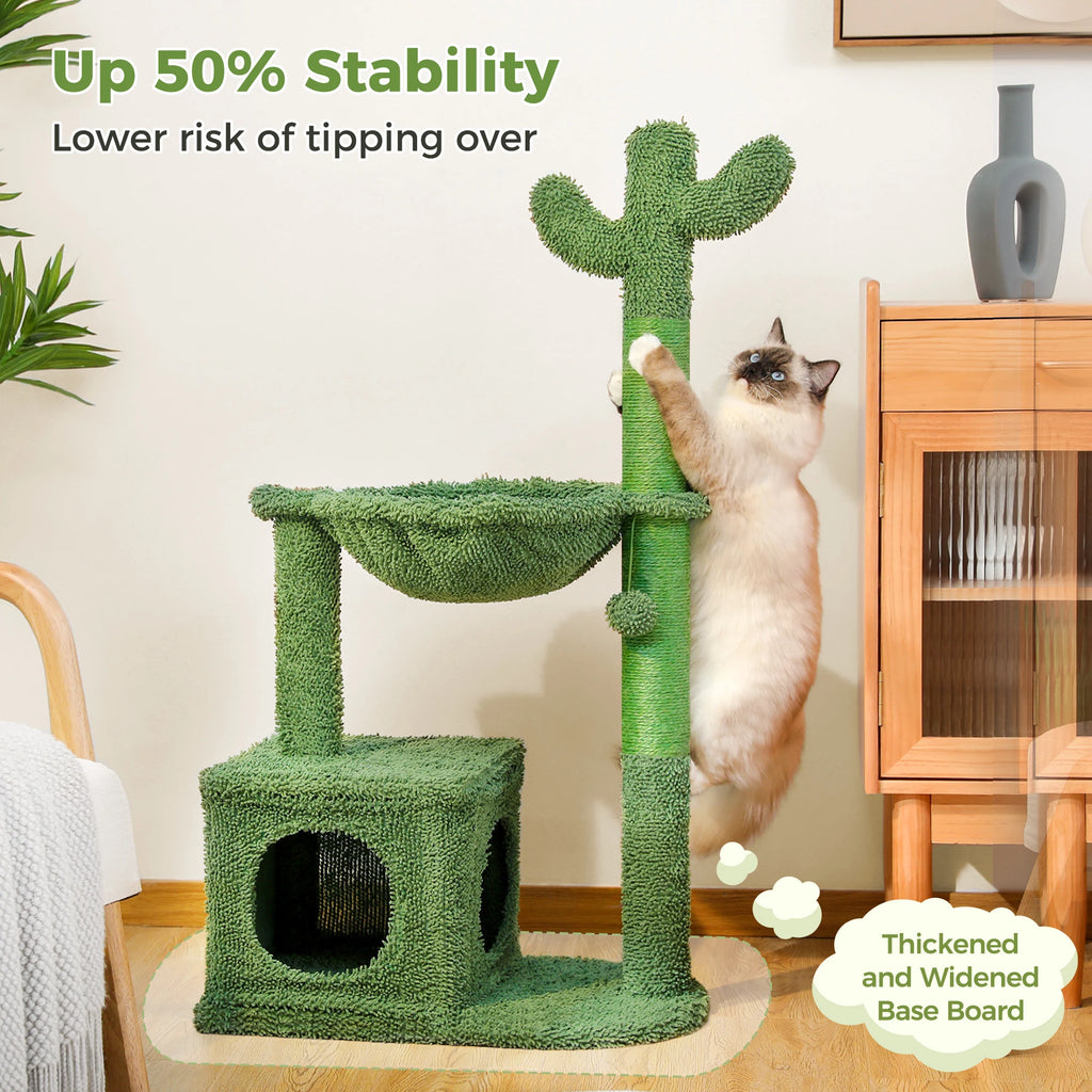 Cactus Cat Tree with Condo, Hammock, Dangling Ball & Sisal Scratching Post