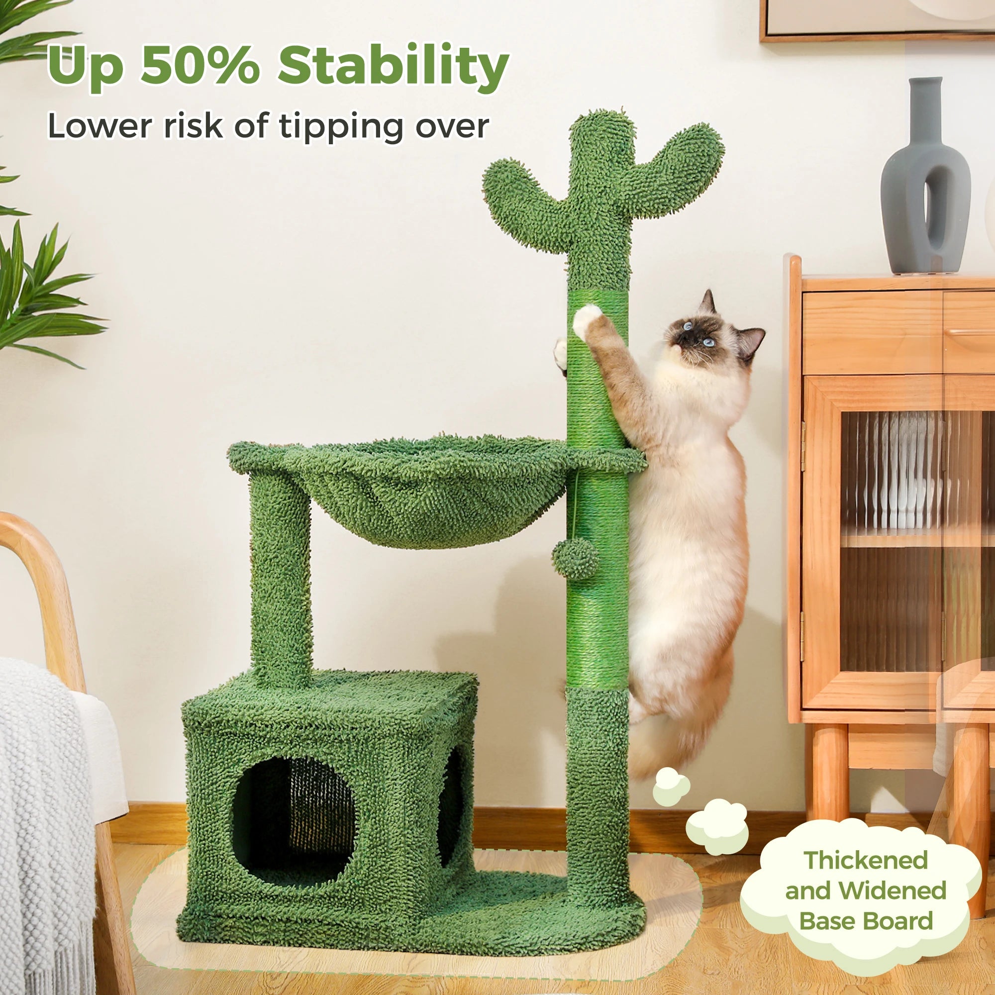 Cactus Cat Tree with Condo, Hammock, Dangling Ball & Sisal Scratching Post