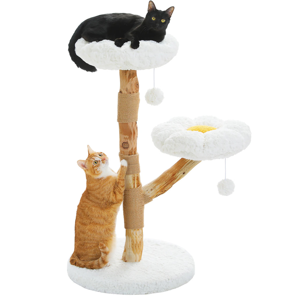 Luxury Boho Cat Tree with Wicker Basket, Real Wood Branches & Sisal Posts