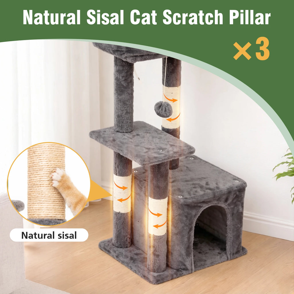 31-Inch Cat Tower with Scratching Posts, Jumping Platform & 2 Hanging Ball Toys