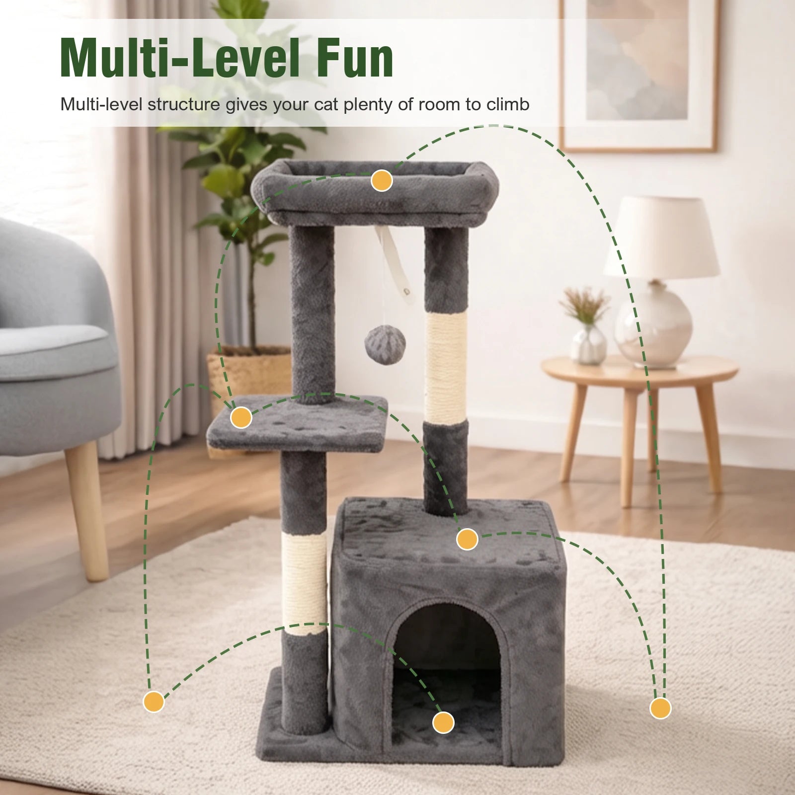 31-Inch Cat Tower with Scratching Posts, Jumping Platform & 2 Hanging Ball Toys