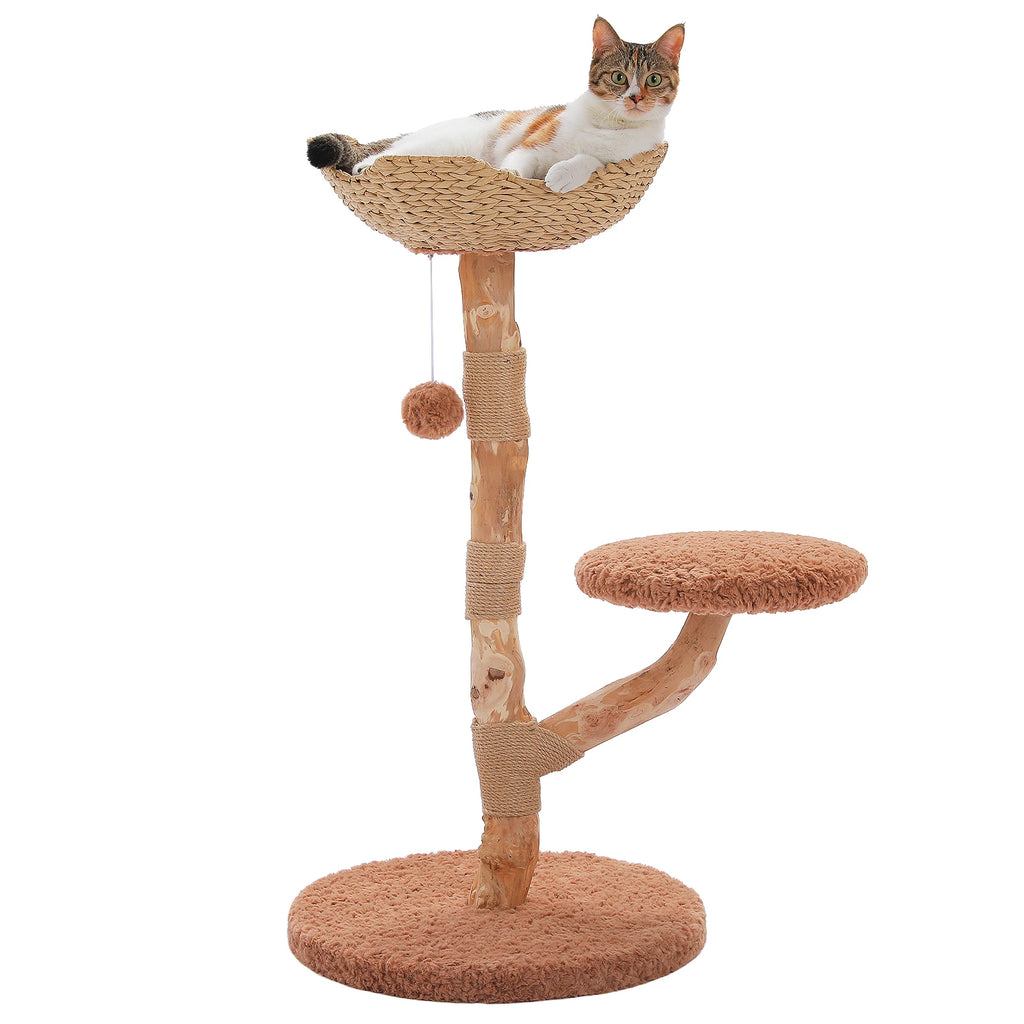 Luxury Boho Cat Tree with Wicker Basket, Real Wood Branches & Sisal Posts