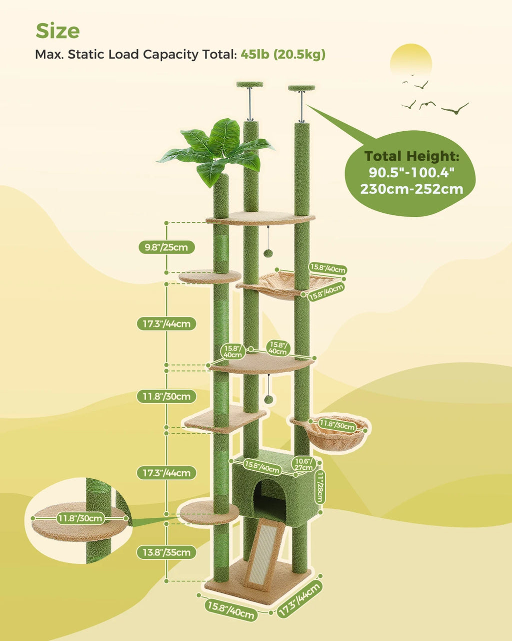 Cactus Cat Tree Tower — Floor-to-Ceiling with Sisal Scratching Post & Hammock