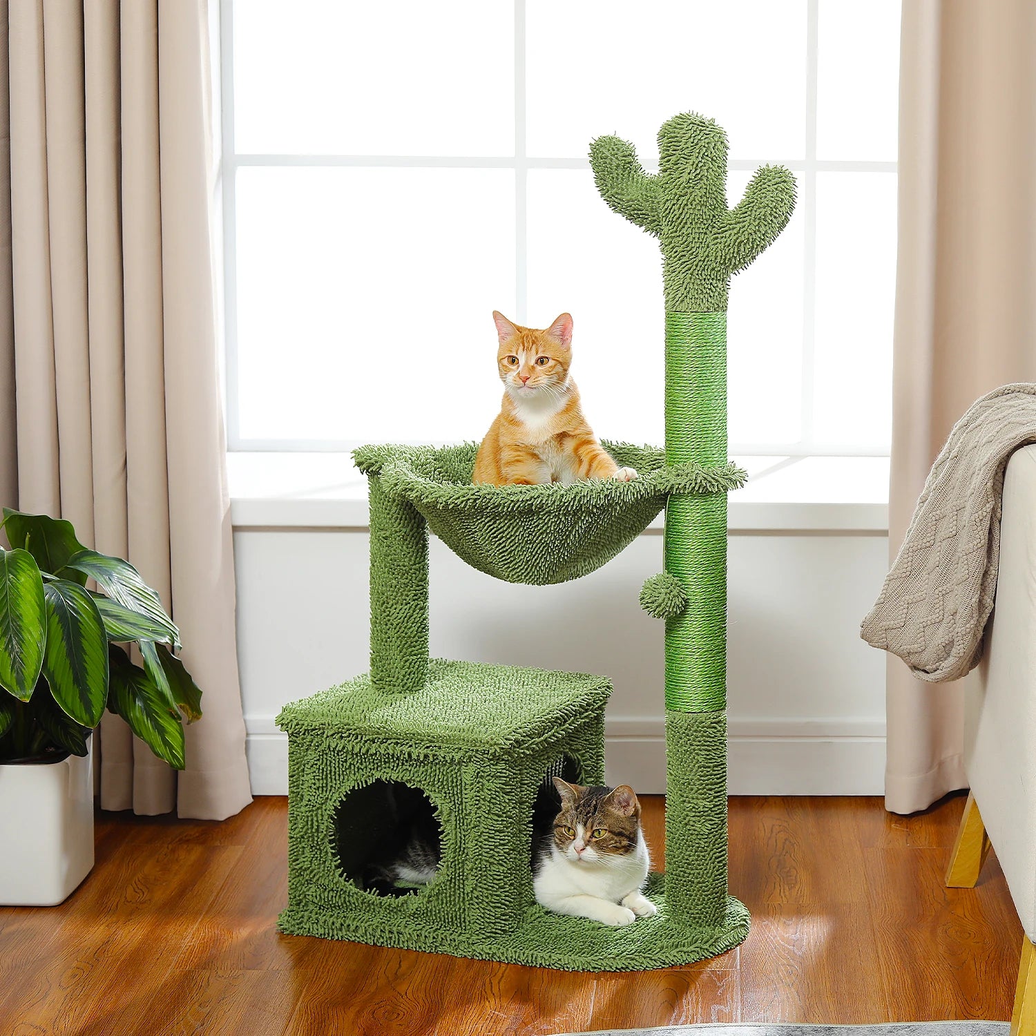 Cactus Cat Tree with Condo, Hammock, Dangling Ball & Sisal Scratching Post