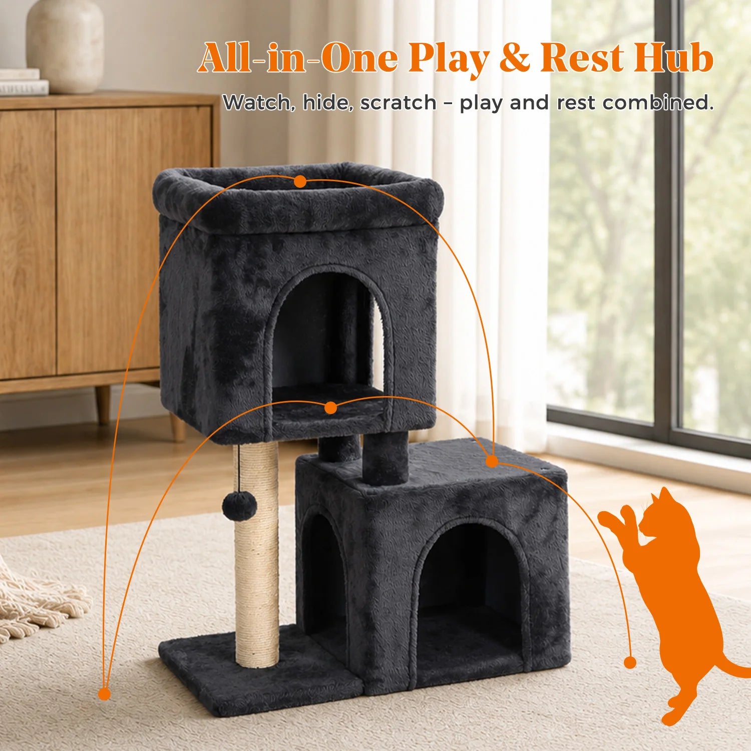 30-Inch Cat Tower with 2 Condos, Sisal Post, Top Perch & Hanging Pompom