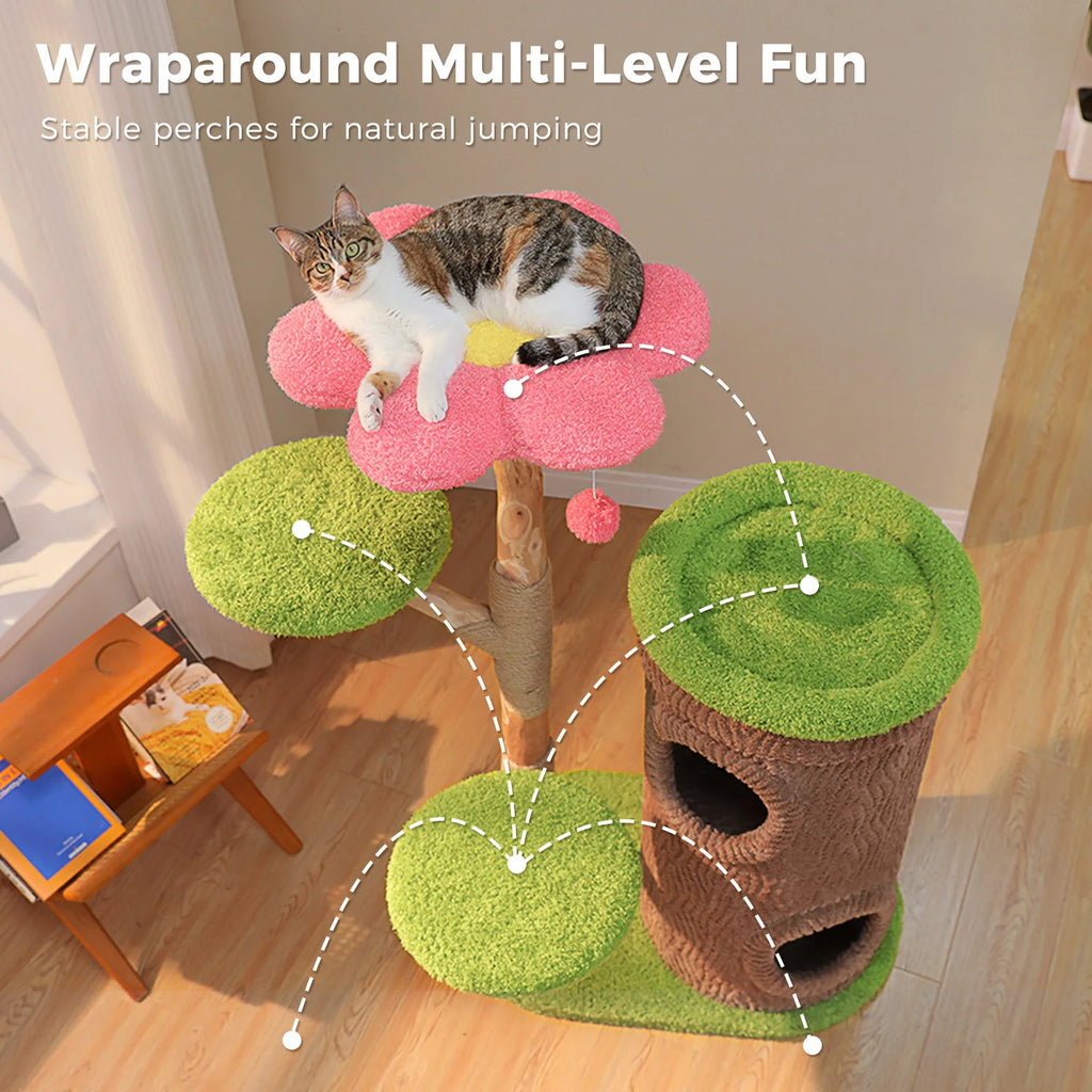 Tall Cat Tower with 4 Spacious Condos, Thick Sisal Post & Flower Top Bed