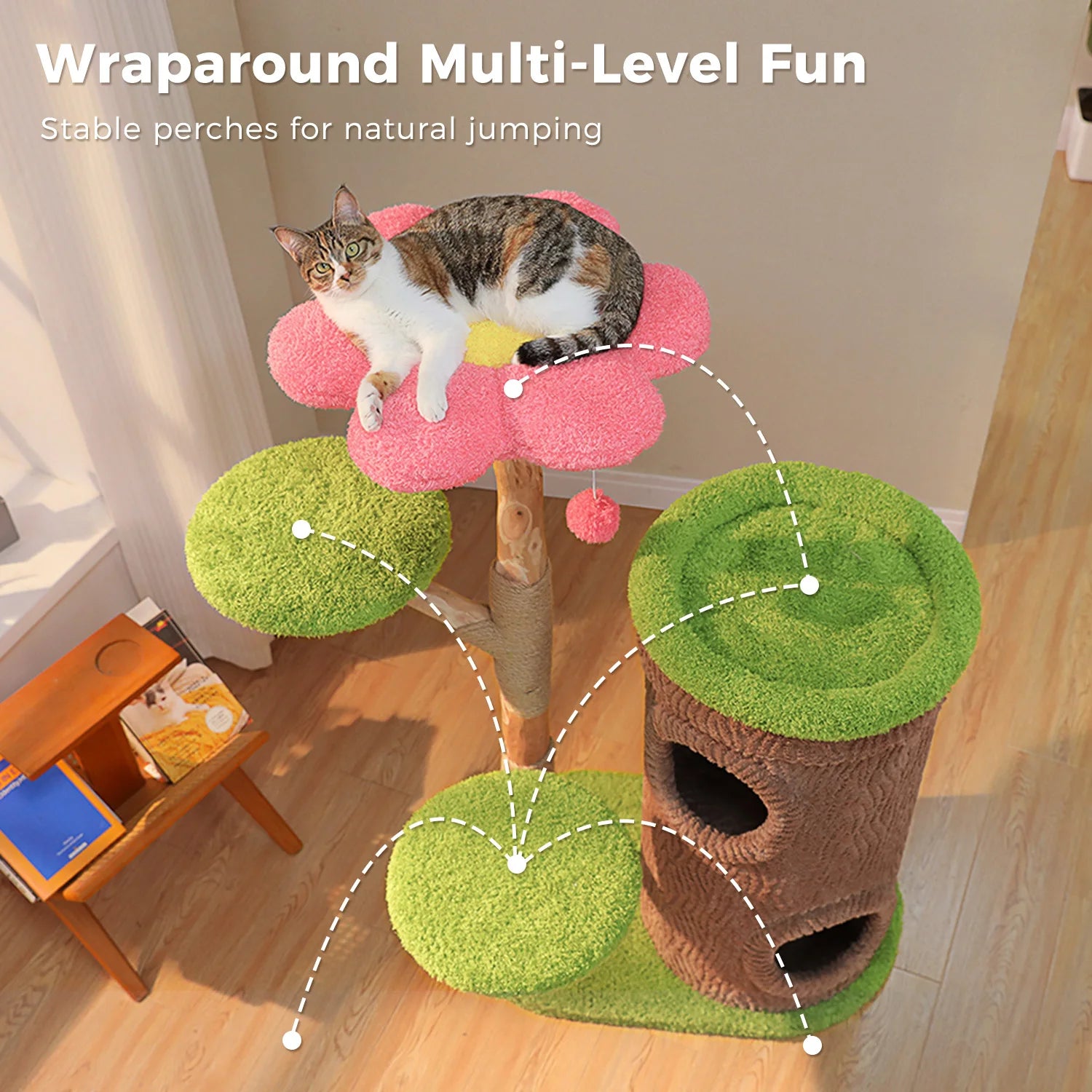 Tall Cat Tower with 4 Spacious Condos, Thick Sisal Post & Flower Top Bed
