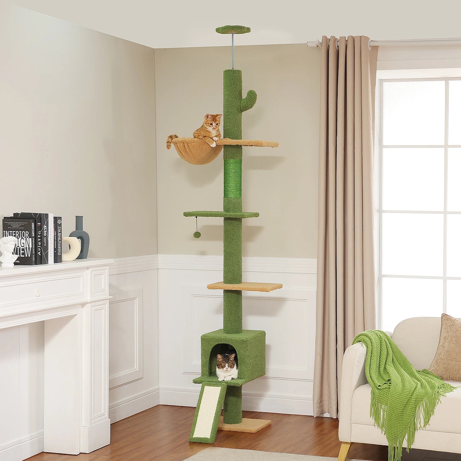 Cactus Cat Tree Tower — Floor-to-Ceiling with Sisal Scratching Post & Hammock